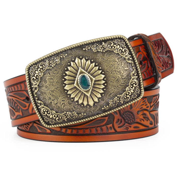 Men's Floral Engraving Pattern Automatic Buckle Leather Belt - Orange / Bronze - 46 - image 10