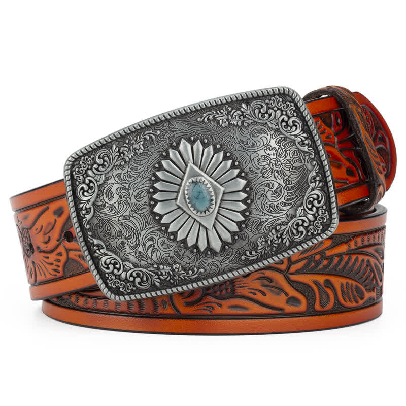 Men's Floral Engraving Pattern Automatic Buckle Leather Belt - Orange / Silver - 46 - image 14