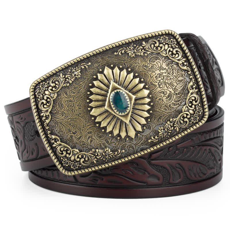 Men's Floral Engraving Pattern Automatic Buckle Leather Belt - Coffee / Bronze - 46 - image 11