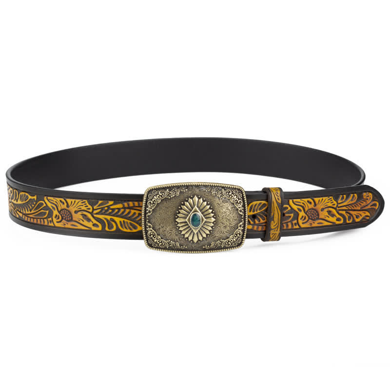 Men's Floral Engraving Pattern Automatic Buckle Leather Belt - image 4