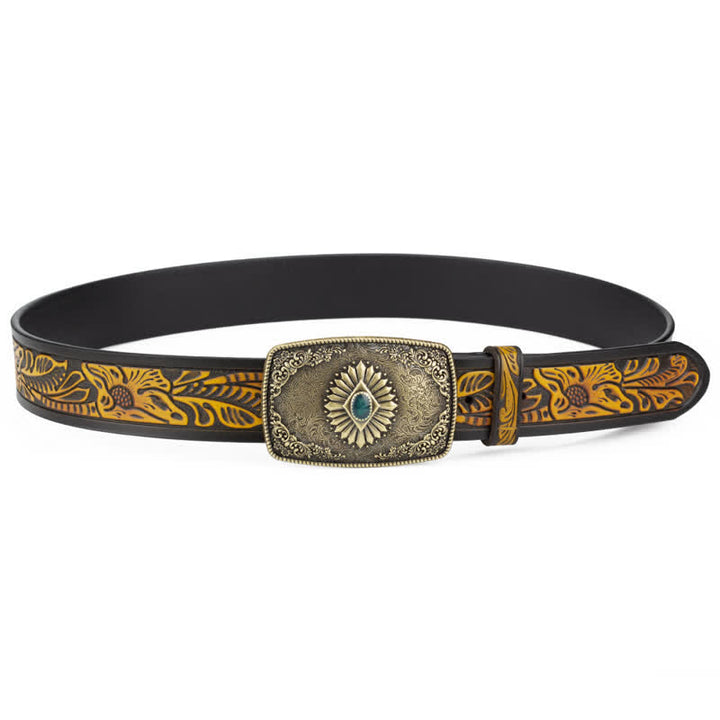 Men's Floral Engraving Pattern Automatic Buckle Leather Belt - image 4