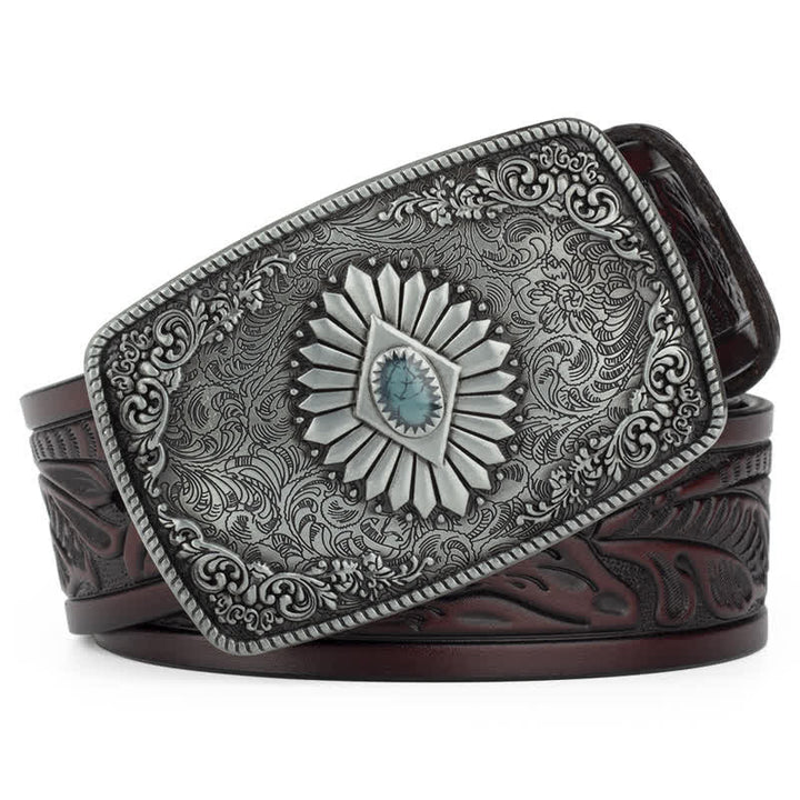 Men's Floral Engraving Pattern Automatic Buckle Leather Belt - Coffee / Silver - 46 - image 15