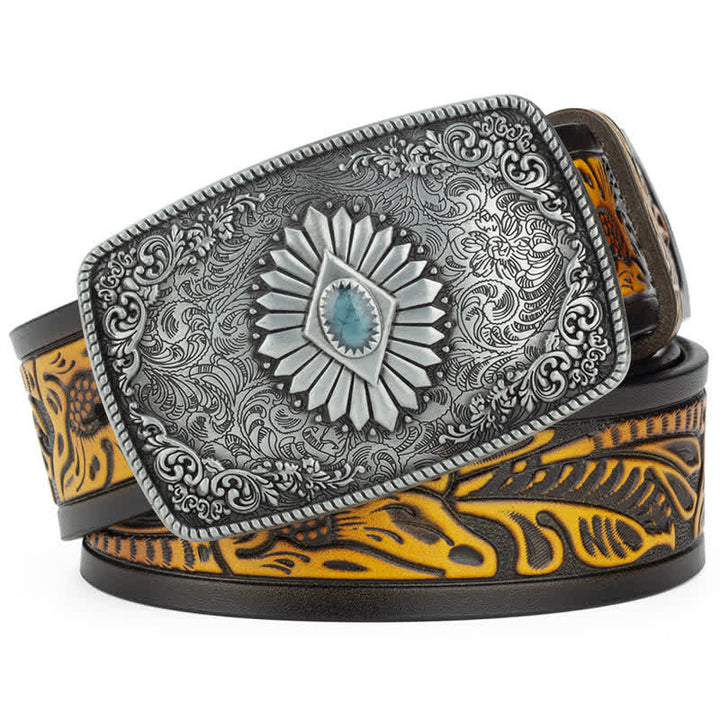 Men's Floral Engraving Pattern Automatic Buckle Leather Belt - Sandy Brown / Silver - 46 - image 12
