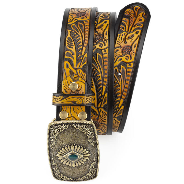 Men's Floral Engraving Pattern Automatic Buckle Leather Belt - image 2