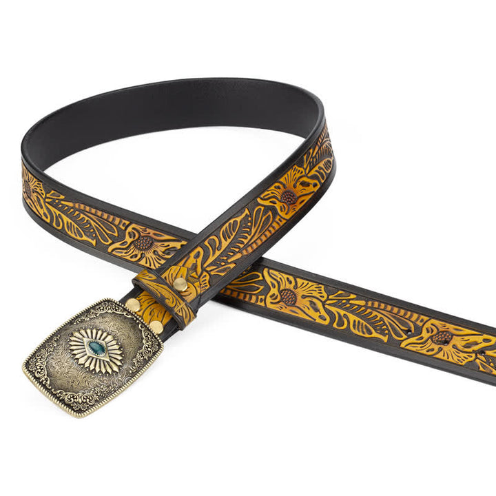 Men's Floral Engraving Pattern Automatic Buckle Leather Belt - image 1