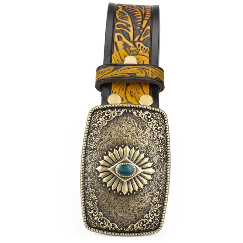 Men's Floral Engraving Pattern Automatic Buckle Leather Belt - image 5