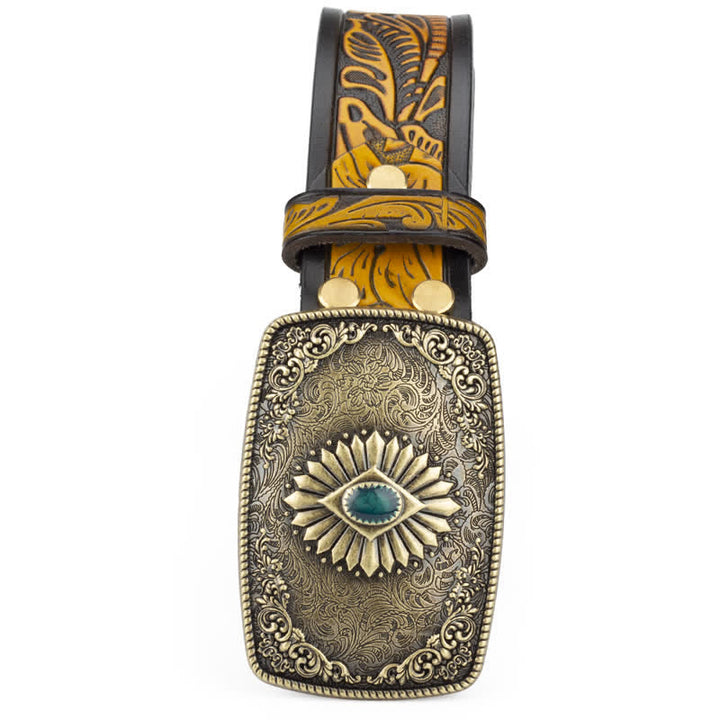 Men's Floral Engraving Pattern Automatic Buckle Leather Belt - image 5