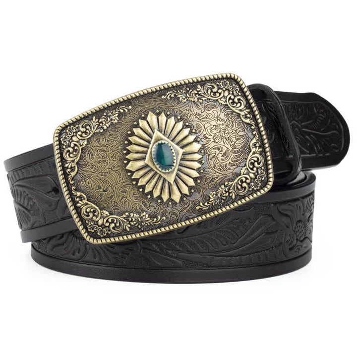 Men's Floral Engraving Pattern Automatic Buckle Leather Belt - Black / Bronze - 46 - image 9