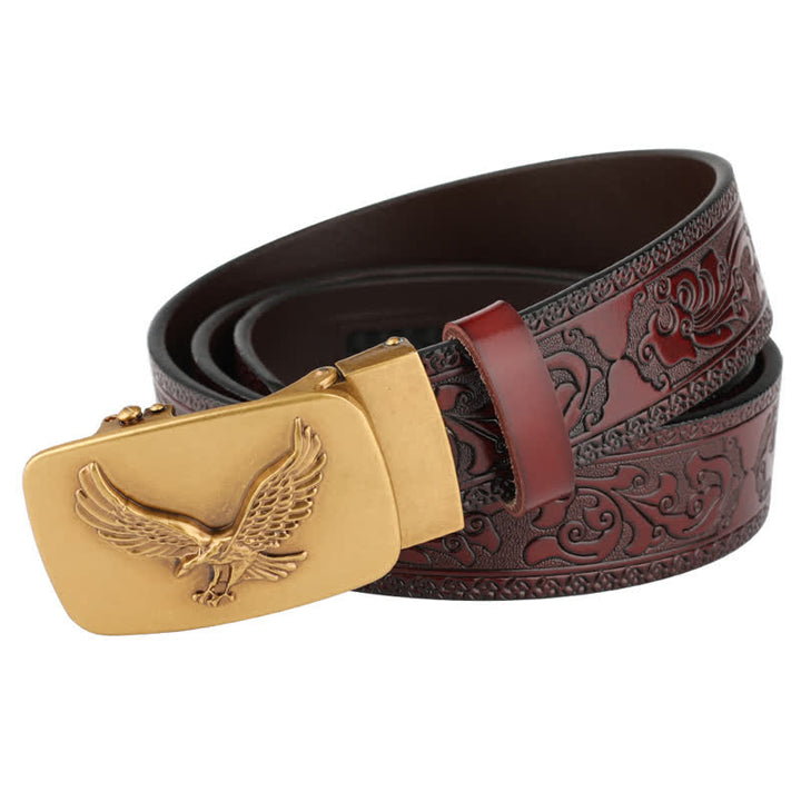 Men's Flying Eagle Automatic Buckle Embossing Leather Belt - Brown / Bronze - 46 - image 8