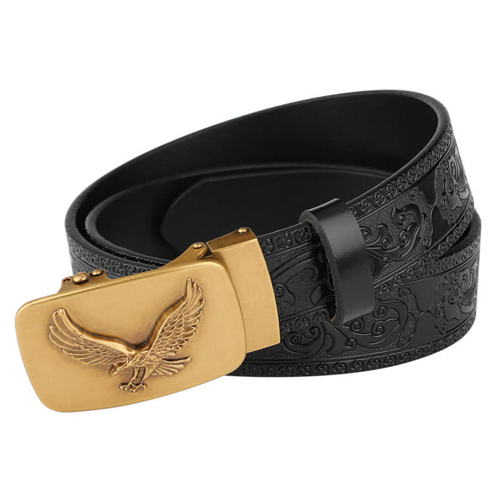 Men's Flying Eagle Automatic Buckle Embossing Leather Belt - Black / Bronze - 46 - image 5