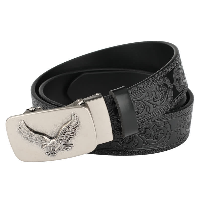 Men's Flying Eagle Automatic Buckle Embossing Leather Belt - Black / Silver - 46 - image 0