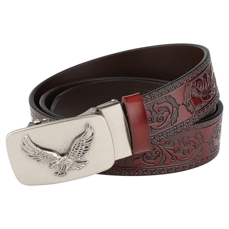 Men's Flying Eagle Automatic Buckle Embossing Leather Belt - Brown / Silver - 46 - image 4
