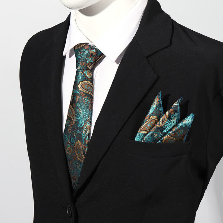 2Pcs Men's Luxury Paisley Pocket Square Necktie Set - Teal - image 6