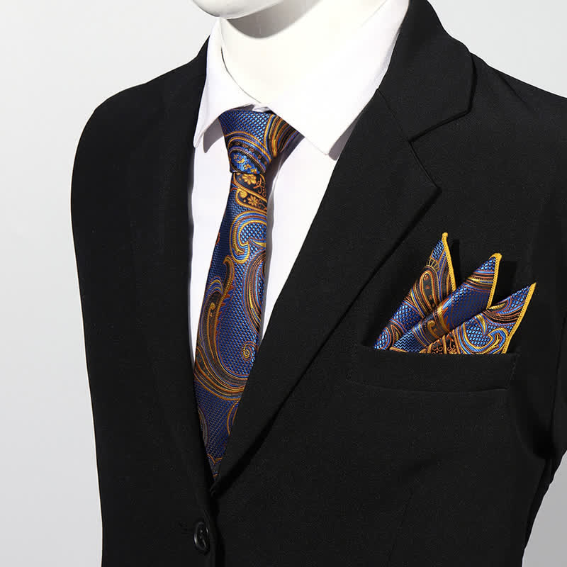 2Pcs Men's Luxury Paisley Pocket Square Necktie Set - Navy - image 4