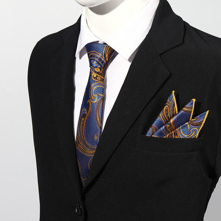 2Pcs Men's Luxury Paisley Pocket Square Necktie Set - Navy - image 4