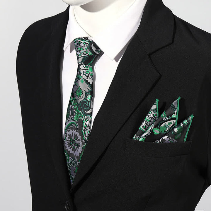 2Pcs Men's Luxury Paisley Pocket Square Necktie Set - Green - image 8