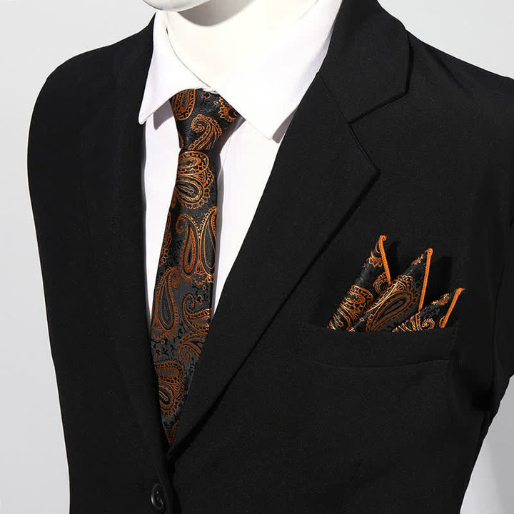 2Pcs Men's Luxury Paisley Pocket Square Necktie Set - DarkOrange - image 5