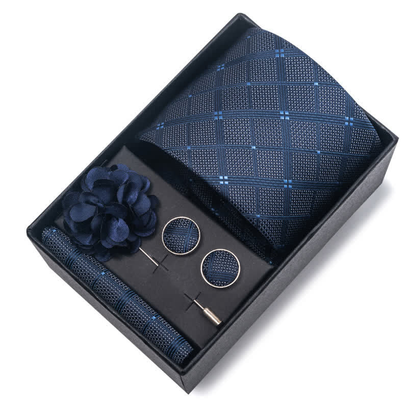 4Pcs Men's Navy Blue Series Jacquard Design Necktie Set - image 7