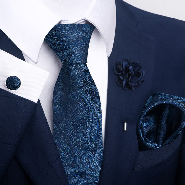 4Pcs Men's Navy Blue Series Jacquard Design Necktie Set - Style #5 - image 8