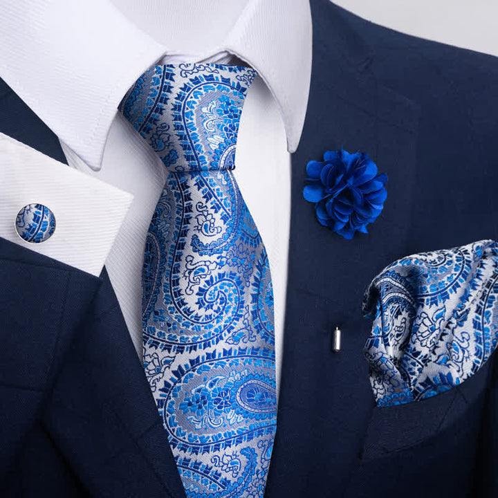 4Pcs Men's Blue Series Floral Striped Necktie Set - Style #3 - image 4