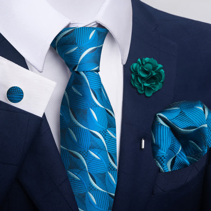 4Pcs Men's Blue Series Floral Striped Necktie Set - Style #6 - image 10