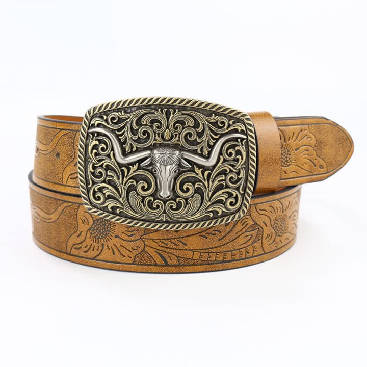 Men's Bronze Bull Pattern Floral Engraved Leather Belt - Sandy Brown - 40 - image 0