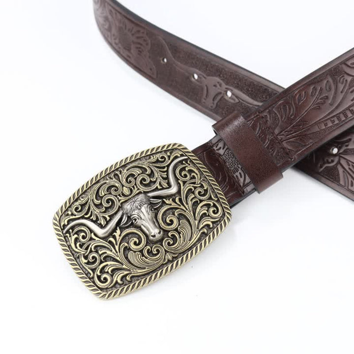 Men's Bronze Bull Pattern Floral Engraved Leather Belt - image 11