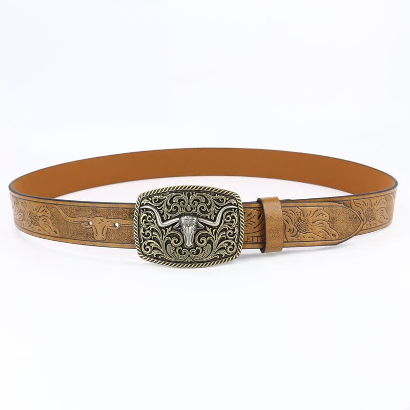 Men's Bronze Bull Pattern Floral Engraved Leather Belt - image 1