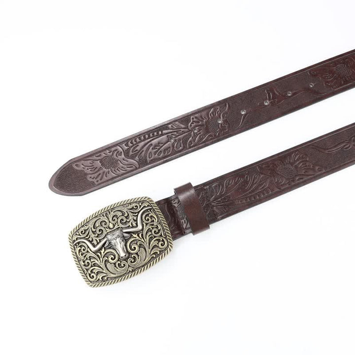 Men's Bronze Bull Pattern Floral Engraved Leather Belt - image 8