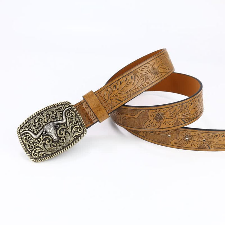 Men's Bronze Bull Pattern Floral Engraved Leather Belt - image 4