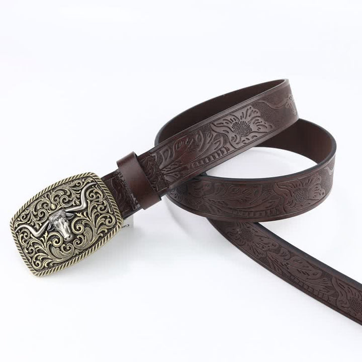Men's Bronze Bull Pattern Floral Engraved Leather Belt - image 10