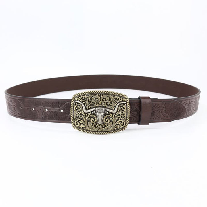 Men's Bronze Bull Pattern Floral Engraved Leather Belt - image 7