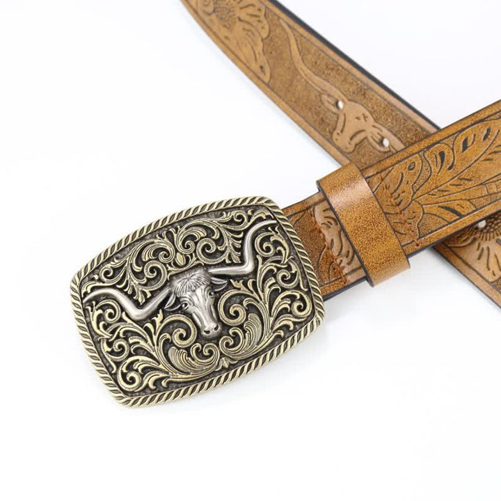 Men's Bronze Bull Pattern Floral Engraved Leather Belt - image 5