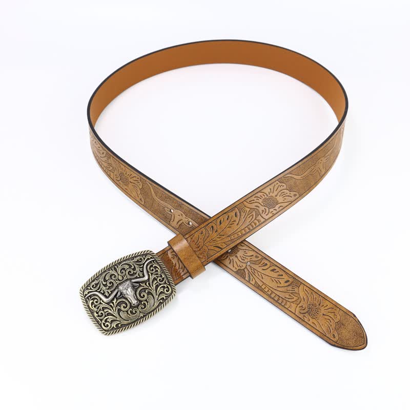 Men's Bronze Bull Pattern Floral Engraved Leather Belt - image 3