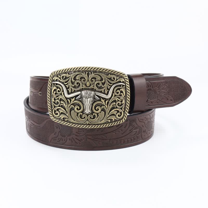 Men's Bronze Bull Pattern Floral Engraved Leather Belt - Coffee - 40 - image 6