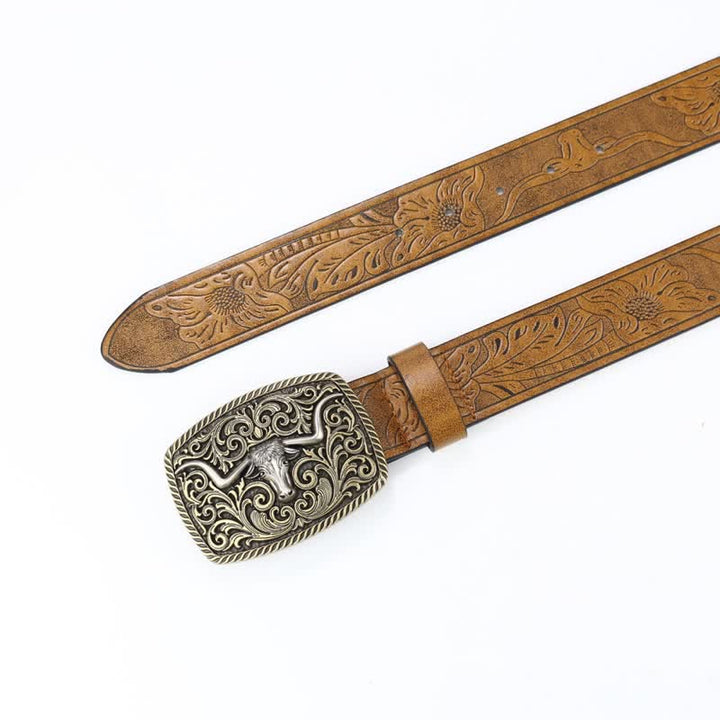 Men's Bronze Bull Pattern Floral Engraved Leather Belt - image 2