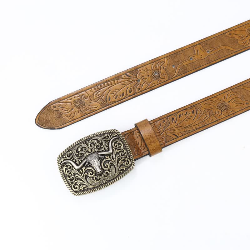 Men's Bronze Bull Pattern Floral Engraved Leather Belt - image 2