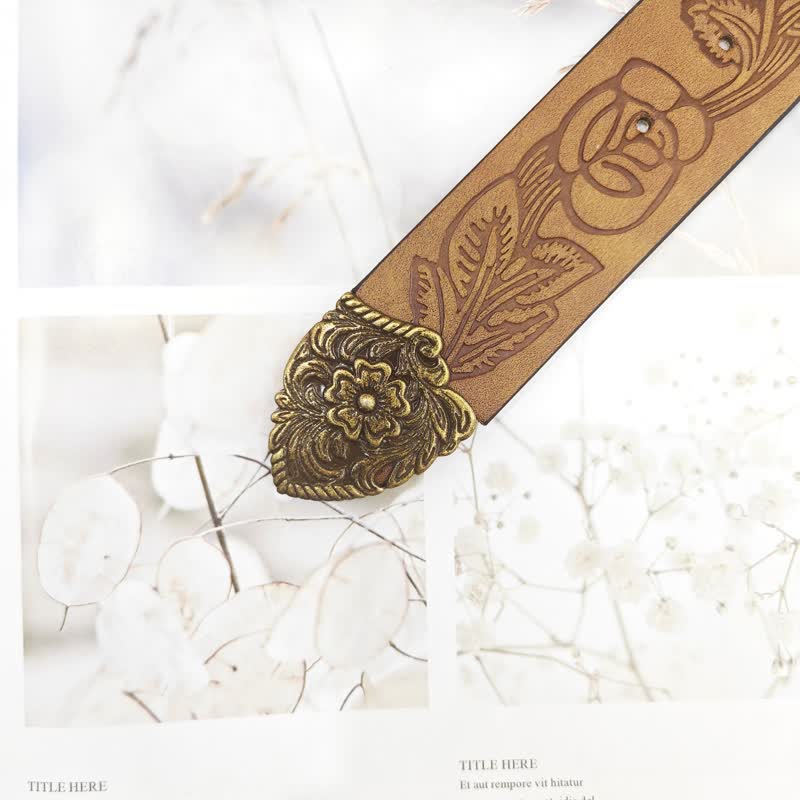 Women's Antique Gold Floral Rose Pattern Leather Belt - image 3
