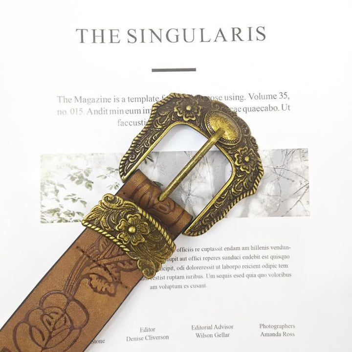 Women's Antique Gold Floral Rose Pattern Leather Belt - image 2