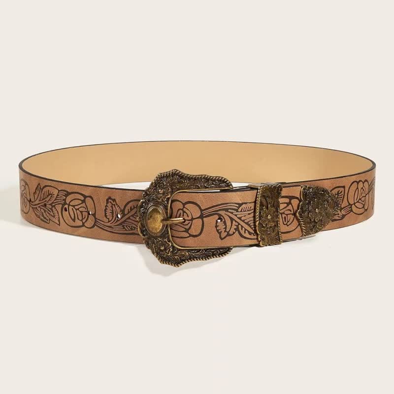 Women's Antique Gold Floral Rose Pattern Leather Belt - image 1