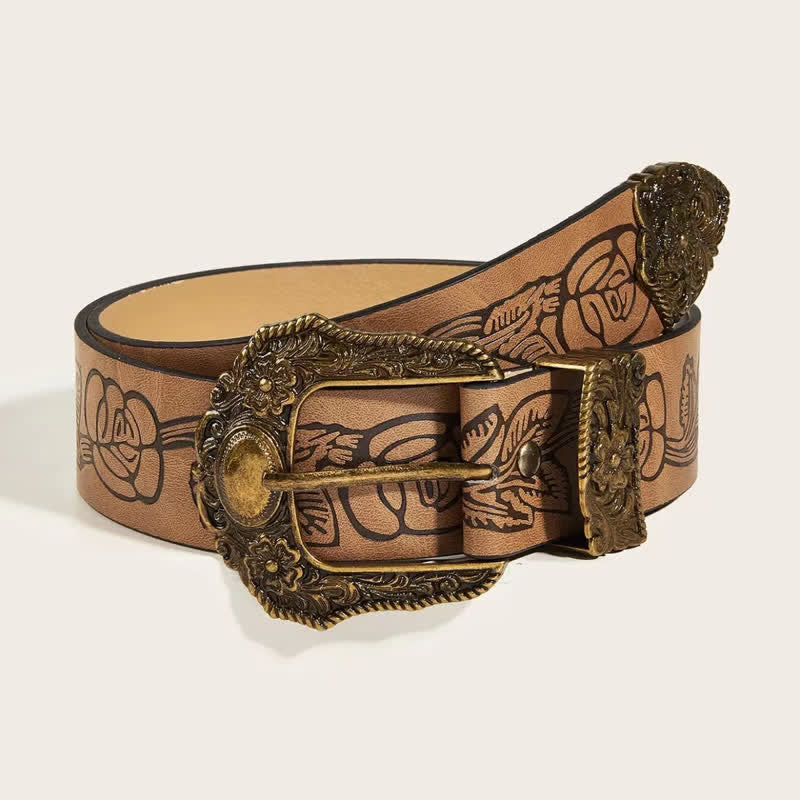 Women's Antique Gold Floral Rose Pattern Leather Belt - Camel - 32 - image 0