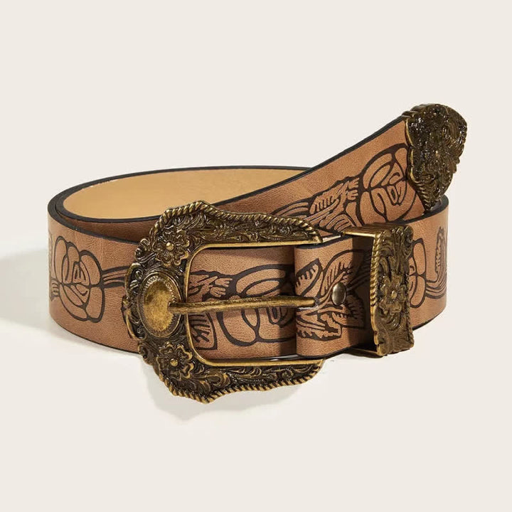 Women's Antique Gold Floral Rose Pattern Leather Belt - Camel - 32 - image 0
