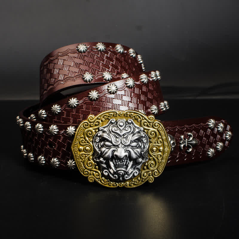 Men's Rock Monster Rivets Studded Leather Belt - Brown - 44 - image 0