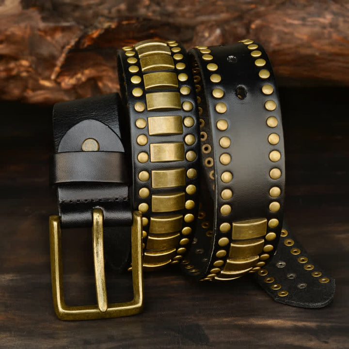 Men's Antique Gold Round Square Rivets Leather Belt - image 7