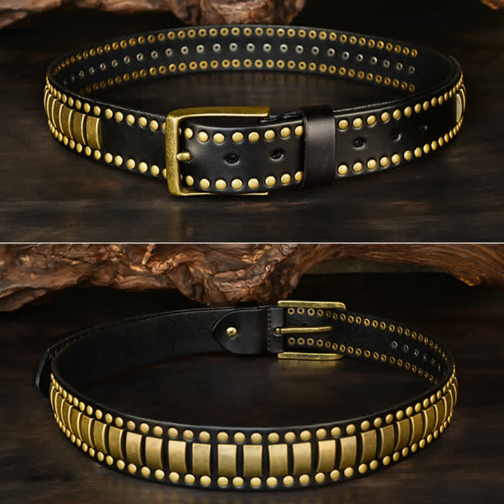 Men's Antique Gold Round Square Rivets Leather Belt - image 10