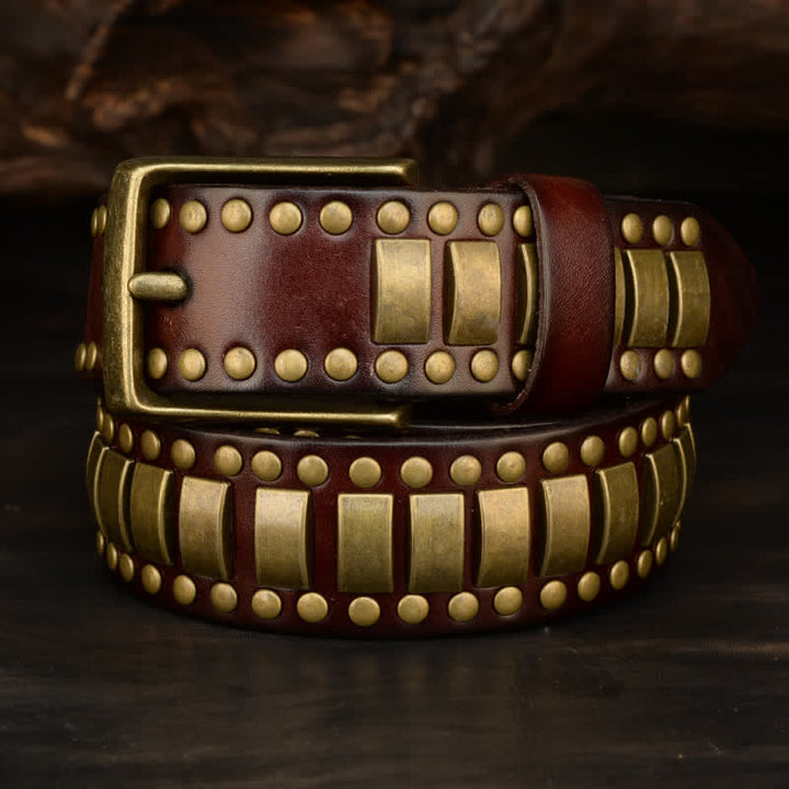 Men's Antique Gold Round Square Rivets Leather Belt - image 0