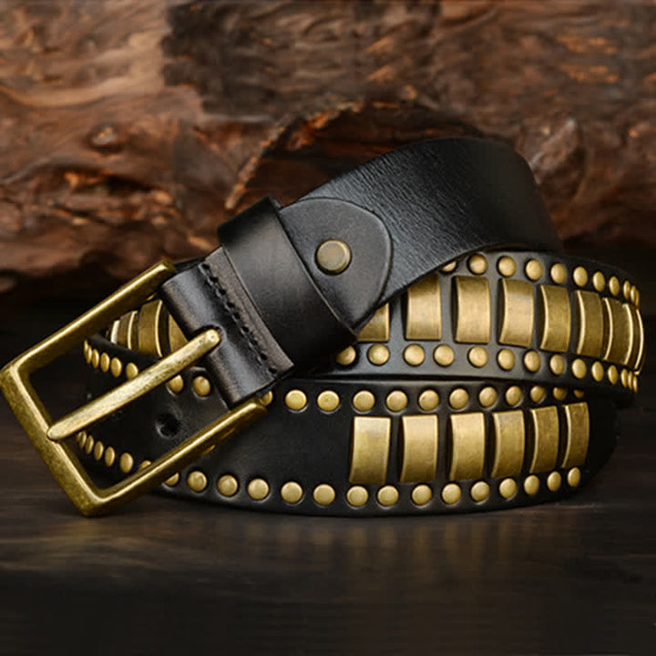 Men's Antique Gold Round Square Rivets Leather Belt - image 9
