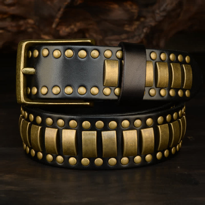 Men's Antique Gold Round Square Rivets Leather Belt - image 6
