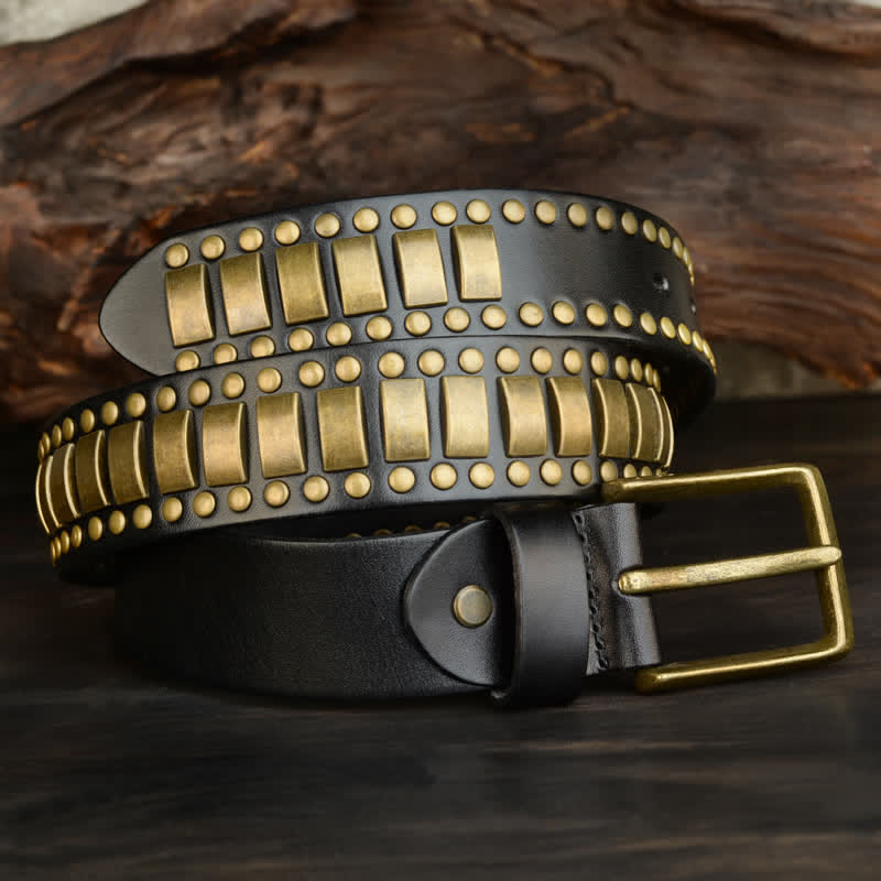 Men's Antique Gold Round Square Rivets Leather Belt - image 8