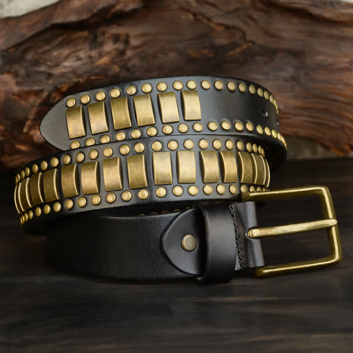 Men's Antique Gold Round Square Rivets Leather Belt - image 8